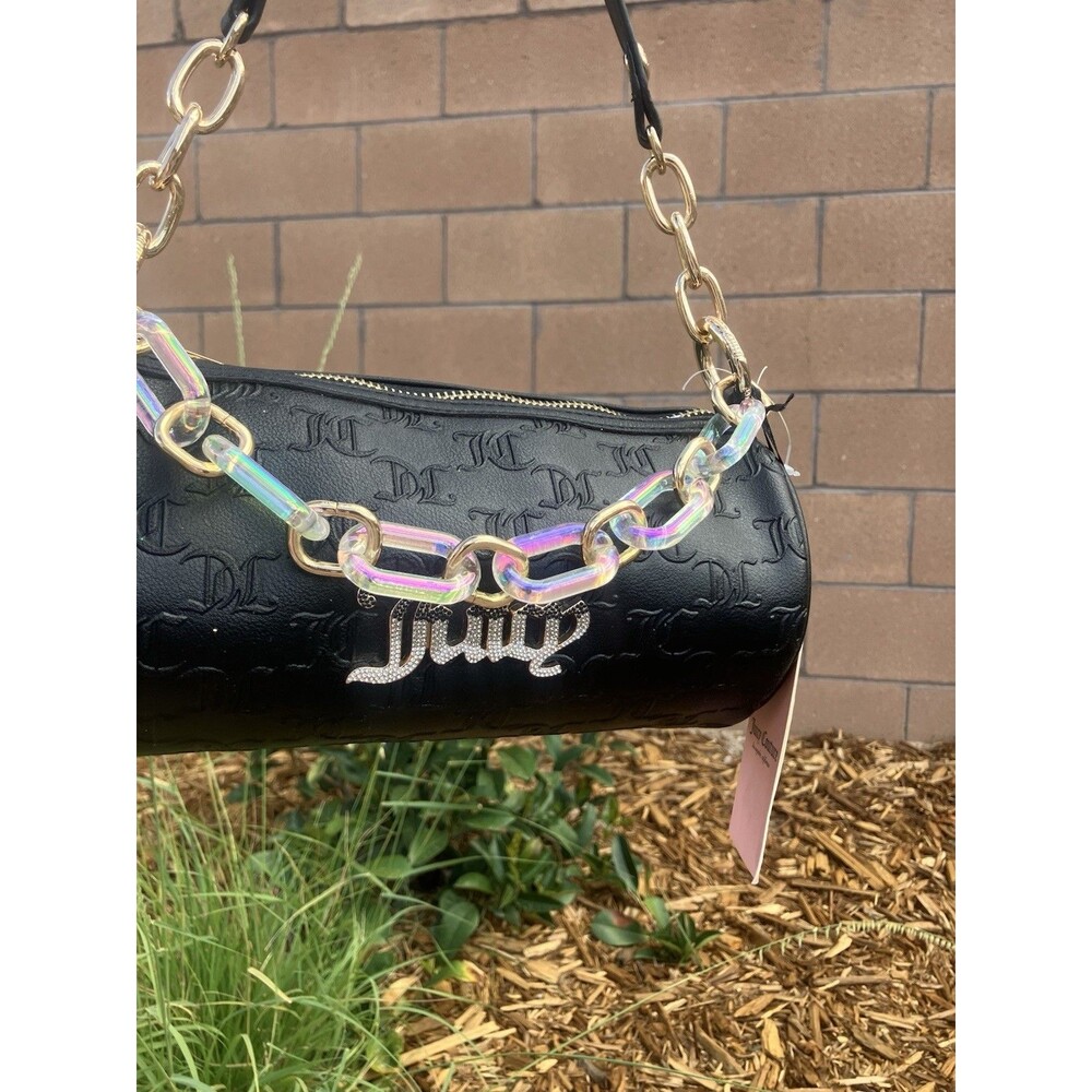 Juicy Couture Bling Bling Barrel Bag Black Licorice Iridescent Chain NWT 9”
